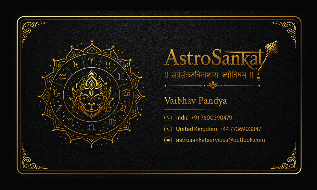 AstroSankat card — zodiac mandala with Hanuman, the wordmark and the tagline Sarva-sankata-vinashaya Jyotisham